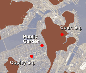 Map of Boston showing 1630 land areas superimposed on 2005 aerial photo