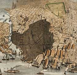 Detail from birds-eye view of Boston showing area destroyed by fire.
