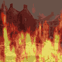 Annimated graphic of fire burning in front of buildings destroyed by Boston 1872 fire.