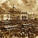Crowds in front of Main Building on opening day of the 1876 Centennial Exposition.