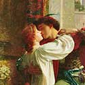 Romeo and Juliet kissing on balcony.