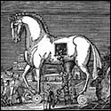 Woodcut of Greek soldiers and Trojan Horse.