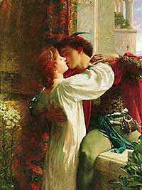 Romeo and Juliet kissing on the balcony.