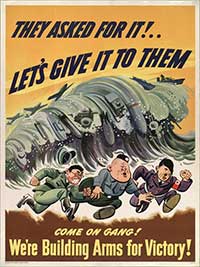 Poster showing Hitler, Tojo and Mussolini running from tidal wave of Allied war machines.