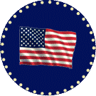 Animated U.S. flag in blue circle surrounded by gold dots.
